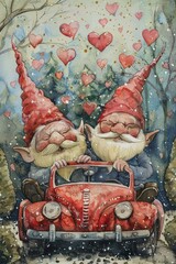 Create a watercolor masterpiece featuring gnomes expressing love while driving red vehicles