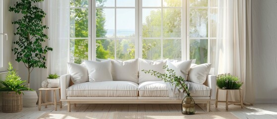 White living room with sofa and summer landscape in window. Scandinavian interior design. 3D...
