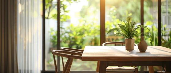 Obraz premium wood table and chair in dining room beside window. modern home interior