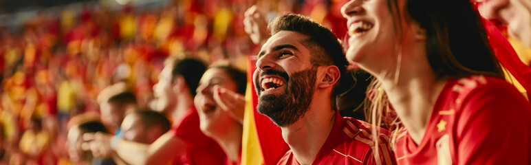 Spanish football soccer fans in a stadium supporting the national team, La Selección, La Furia Roja
 - obrazy, fototapety, plakaty