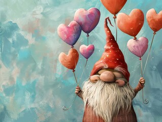 Sweet gnome with heart balloons floating above head