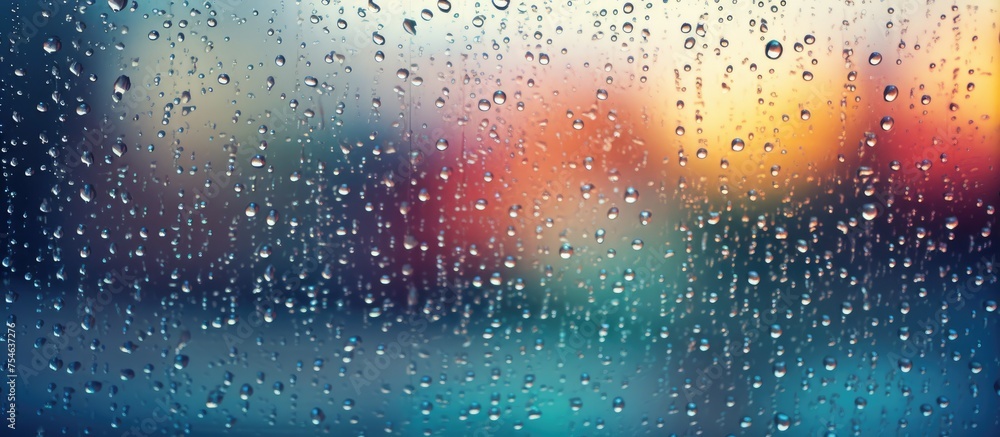 Poster water droplets from falling rain have collected on a window, creating a pattern of droplets against 