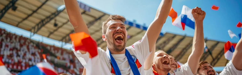 Foto op Plexiglas Slovenian football soccer fans in a stadium supporting the national team  © Pixelmagic