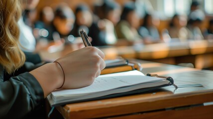 Close-up of a student's hand writing notes during a lecture in a sunlit classroom
