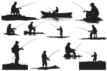 Fisherman in boat silhouette  Vector illustration - obrazy, fototapety, plakaty