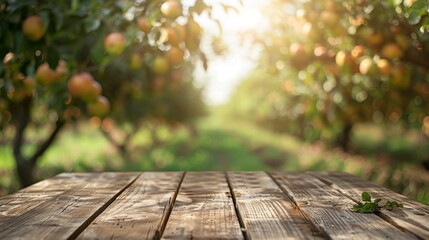 Wooden table top with copy space. Orchard background - obrazy, fototapety, plakaty