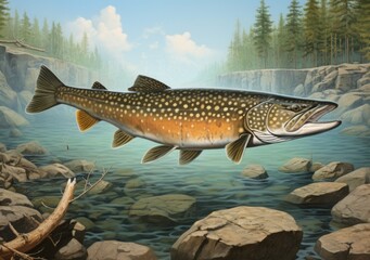 Brown trout fish on the water, trees rocks clouds and sky. 