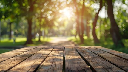 Wooden table top with copy space. Park background