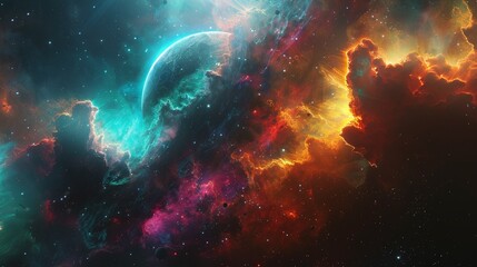 Fototapeta na wymiar Alien worlds orbiting within a colorful nebula
