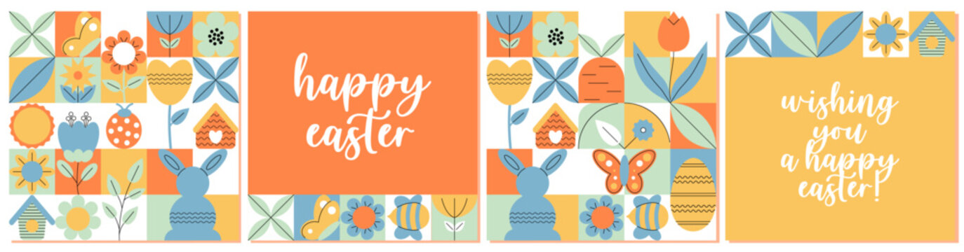 Geometric Easter banners set in retro abstract style for holiday design. Spring concept. Flat minimal vector illustration