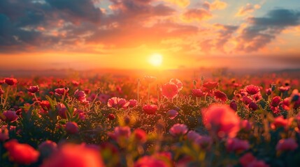 Fototapeta na wymiar Vibrant flower fields under a golden sunset petals glistening