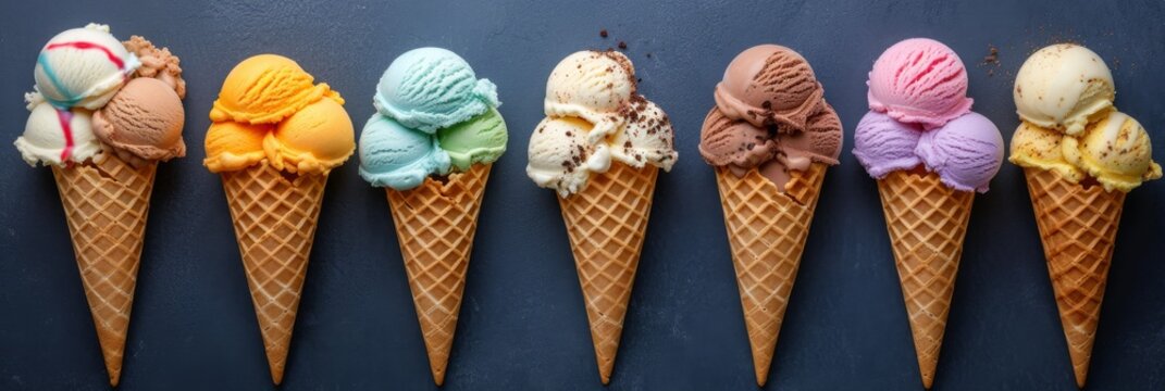 Colorful ice cream cones on dark background