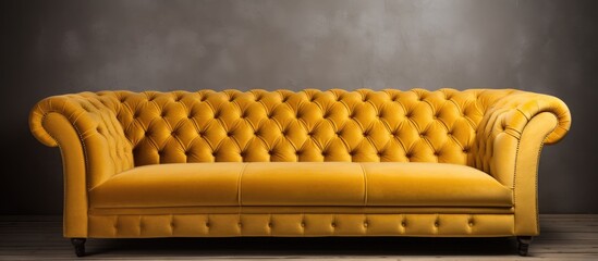 Obraz premium A yellow couch sits elegantly on top of a wooden floor, showcasing a classic interior design. The luxurious velour upholstery and quilted details add a touch of royal vintage charm to the room.