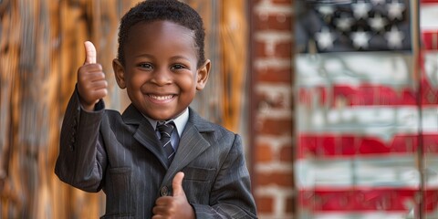 Smart adorable African American boy in a suit and tie thumbing up against American flag USA election concept