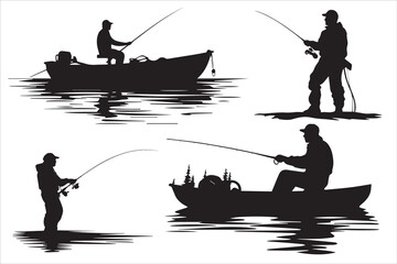 Fisherman in boat silhouette  Vector illustration