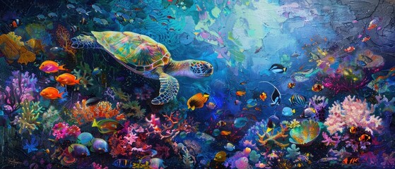 Fototapeta na wymiar colorful coral reef with many fishes and sea turtle