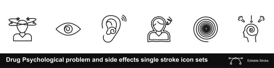 Drug Psychological problem and side effects single stroke icon sets - obrazy, fototapety, plakaty