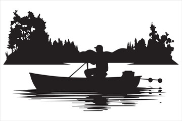 Fisherman in boat silhouette  Vector illustration - obrazy, fototapety, plakaty