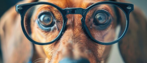 Funny little dachshund wearing glasses distorted by wide angle closeup. Focus on the eyes. - obrazy, fototapety, plakaty