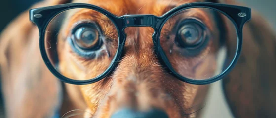 Fotobehang Funny little dachshund wearing glasses distorted by wide angle closeup. Focus on the eyes. © Muhammad