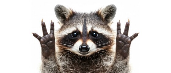 Obraz premium Funny raccoon, showing a sign peace, isolated on white background