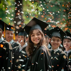 Obraz premium Celebrating Success: Happy Graduates with Academic Caps Rejoicing Together
