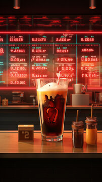 A glass of beer sits on a table in front of a wall of stock tickers