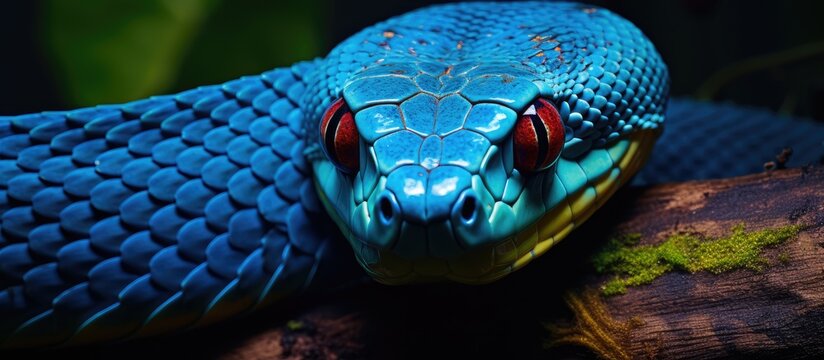 A close up view of a blue viper snake, specifically the Trimeresurus Insularis, coiled on a branch. The snakes scales glisten in the light, showcasing shades of blue along its sleek body as it stares