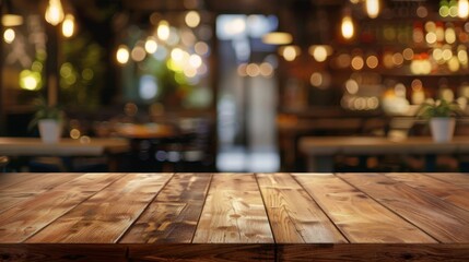 Wooden table top with copy space. Restaurant background