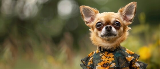 tiny chihuahua barking in a cute dress - obrazy, fototapety, plakaty