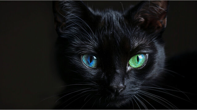 black cat portrait with different eyes color