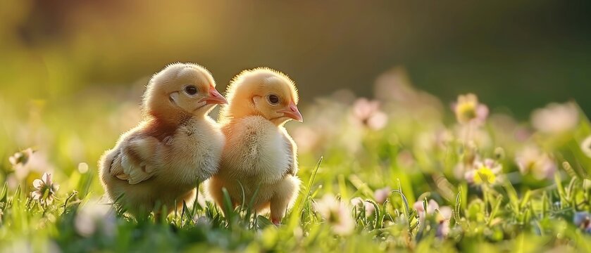 Two brown and yellow chicks on grass field and on natural background pattern in the evening in the farm, Beautiful and adorable two little chicken