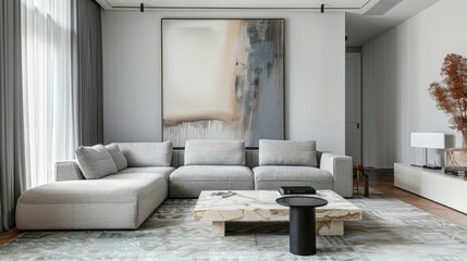 Elegant Gray Sectional Sofa and Marble Coffee Table in Modern Living Room