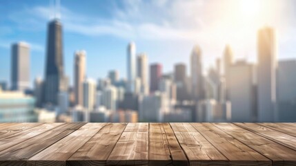 Wooden table top with copy space. Modern skyline background