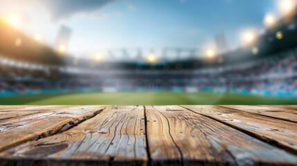Wooden table top with copy space. Stadium background