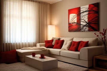 Modern living room interior with red pillows.