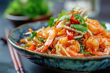 a colorful and appetizing presentation of fresh shrimp Pad Thai, focusing on the vibrant ingredients and textures 