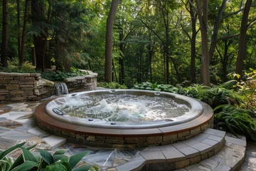 Tuinposter outdoor spa environment, emphasizing the integration of the spa with natural surroundings, such as a tranquil garden, stone pathways, or a calming water feature © Phimchanok