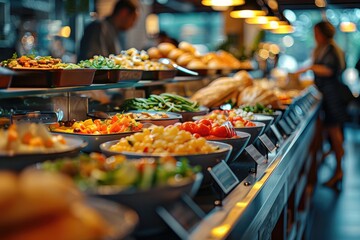 A close-up shot of a hotel breakfast buffet with a diverse selection of foods, highlighting the interaction between customers choosing their meals and the luxurious backdrop of the hotel architecture.