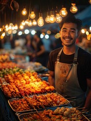 In Thailand, a street food vendor expertly navigates a compact, mobile kitchen along a bustling sidewalk, drawing in locals and tourists alike with enticing aromas. The vendor's skilled hands move
