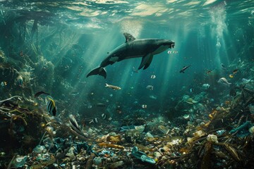 Naklejka premium The marine environment faces severe challenges due to pollution, a pressing issue threatening the health and diversity of oceanic life. Waste, particularly plastic, accumulates in vast quantities, for
