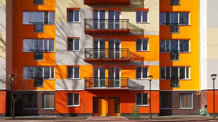 Fototapeta na wymiar Colorful apartment house modern residential building architecture concept. Place for a copy space. Blue sky,Architectural details of modern apartment building