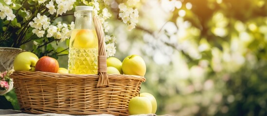 A wicker basket sits filled with crisp apples and a bottle of refreshing lemonade in a lush garden setting, perfect for a summertime picnic.