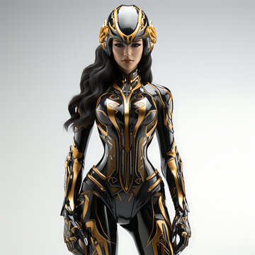 futuristic luxury cyborg Female robot, Artificial intelligence concept. black and gold, against isolated background.