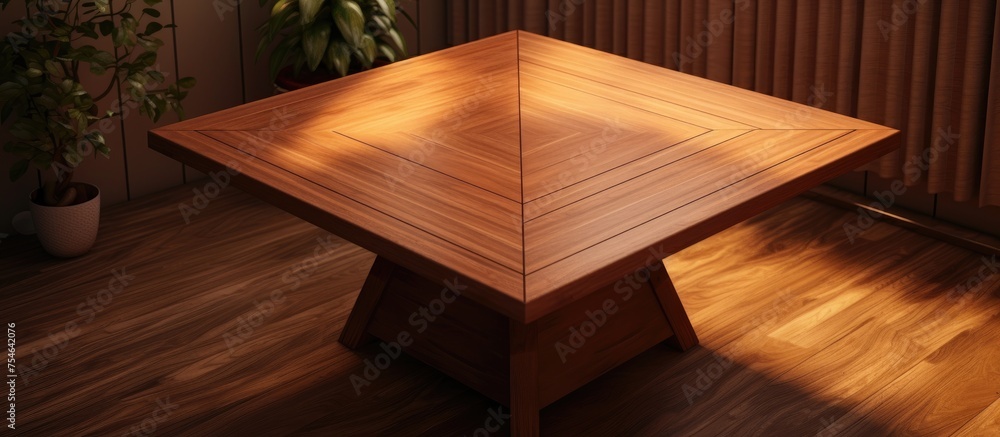 Poster a wooden table sits squarely on top of a hardwood floor, creating a sturdy and practical surface for