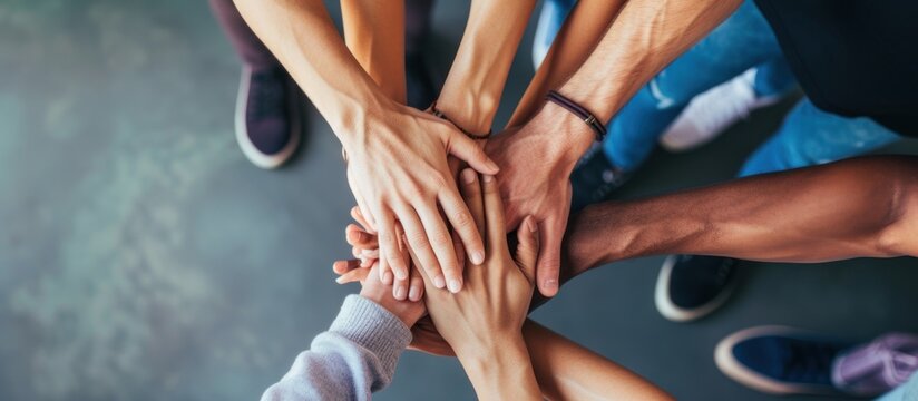 close up of stacked human hands showing working together to build a business. - Powered by Adobe