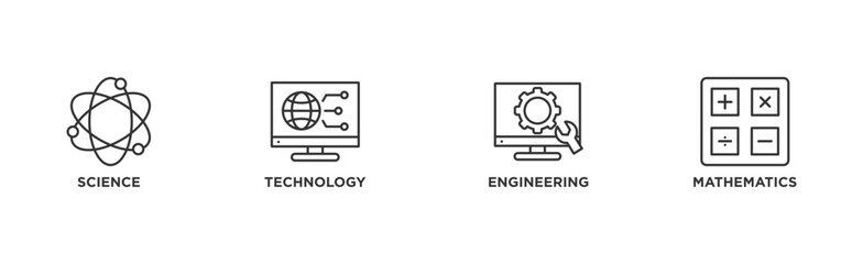 STEM banner web icon vector illustration concept for science, technology, engineering, mathematics education with icon of flask, microscope, artificial intelligence, processor, machine, and calculator
