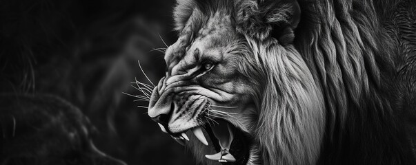portrait of a male lion roaring in monochrome color