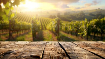 Wooden table top with copy space. Vineyards background - obrazy, fototapety, plakaty