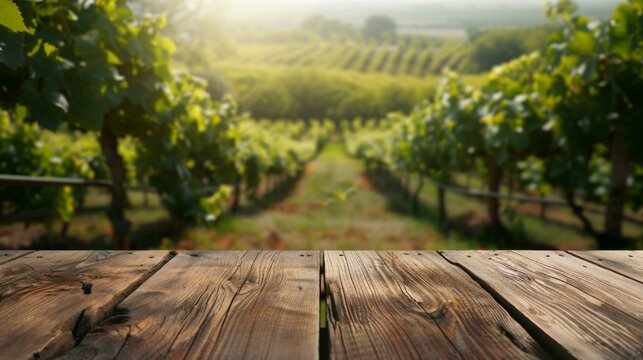 Wooden table top with copy space. Vineyards background